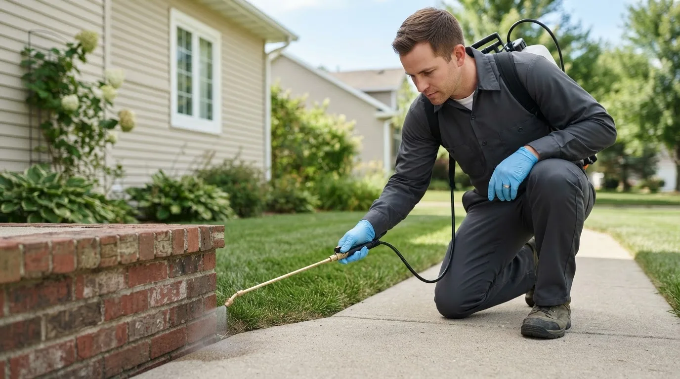 Pest control technician treating a home near Augusta, IL