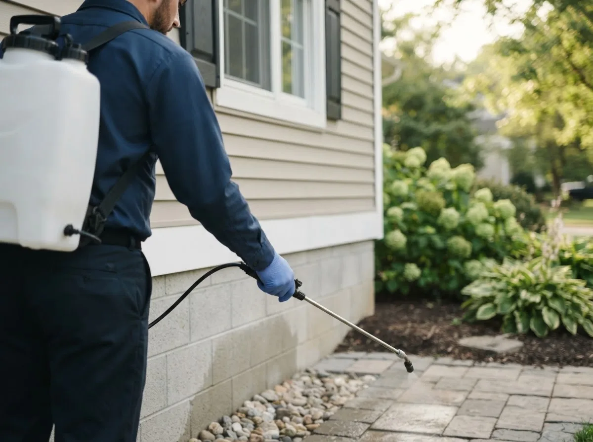 Pest control technician inspecting a home in Augusta, IL